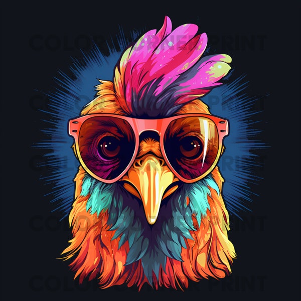 Rooster Chicken With Sunglasses T-shirt design PNG Digital Download for Sublimation - Transparent background - 300 dpi - 3000 pixels