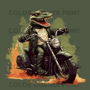 Crocodile riding a motorcycle T-shirt design PNG Digital Download for Sublimation - Transparent background - 300 dpi - 3000 pixels