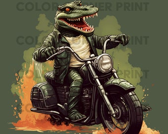 Crocodile riding a motorcycle T-shirt design PNG Digital Download for Sublimation - Transparent background - 300 dpi - 3000 pixels