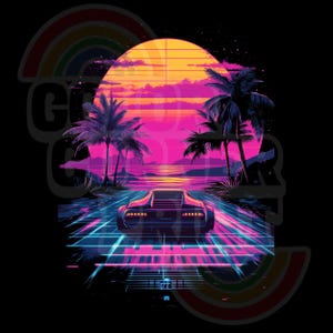 Puede incluir: Una ilustración de estilo retro de un coche futurista conduciendo por una carretera iluminada con neón hacia una puesta de sol sobre una playa tropical. El coche es negro con detalles en rosa y morado. La puesta de sol es naranja y rosa con nubes. La playa está bordeada de palmeras.