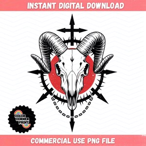 May include: A black and white illustration of a ram skull with large curved horns, centered on a red circle. The design includes a black compass rose, a chain, and the text "INSTANT DIGITAL DOWNLOAD" and "COMMERCIAL USE PNG FILE".
