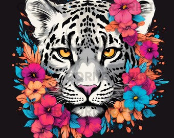 Snow Leopard Floral T-shirt Design PNG and JPEG Digital Download for Sublimation - 300 dpi - 3000 pixels, Transparent Background