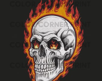 Flaming Skull PNG, Fire Skull Sublimation Design, Gothic Clipart for T-Shirts and Crafts