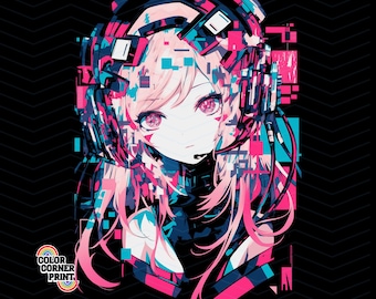 Glitch Anime Girl PNG, digitales T-Shirt-Design, ästhetische Kopfhörer, Sublimationsdruck für Hemden, sofortiger Download