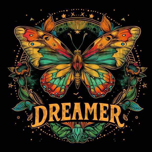 Dreamer Moth T-shirt Design PNG and JPEG Digital Download for Sublimation - 300 dpi - 3000 pixels, Dreamer Png, Moth png