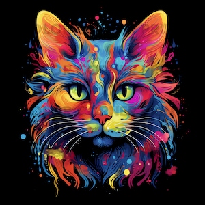 Cat Portrait Colorful T-shirt design PNG Digital Download for Sublimation - Transparent background - 300 dpi - 3000 pixels