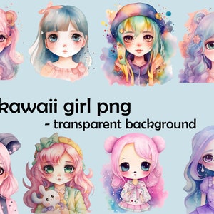 8 Kawaii Girl Watercolor PNG Bundle for Sublimation - Commercial Use - Clipart Png - 300 dpi, Transparent Background