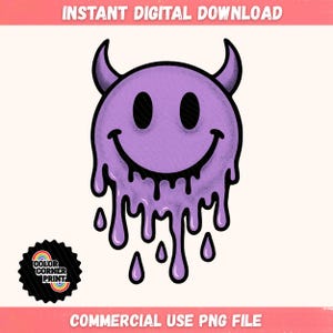 Puede incluir: Una cara sonriente morada con cuernos de diablo y detalles goteando. La imagen incluye el texto "INSTANT DIGITAL DOWNLOAD" en la parte superior y "COMMERCIAL USE PNG FILE" en la parte inferior. Un logotipo de "COLOR CORNER PRINT" está en la esquina inferior izquierda.