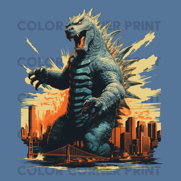 Godzilla Retro T-shirt Design PNG and JPEG Digital Download for Sublimation - Transparent background - 300 dpi - 3000 pixels