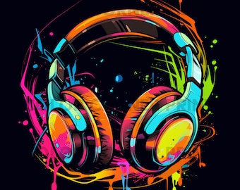 May include: A pair of headphones with colorful paint splatters on a black background. The headphones are black with blue and yellow accents.