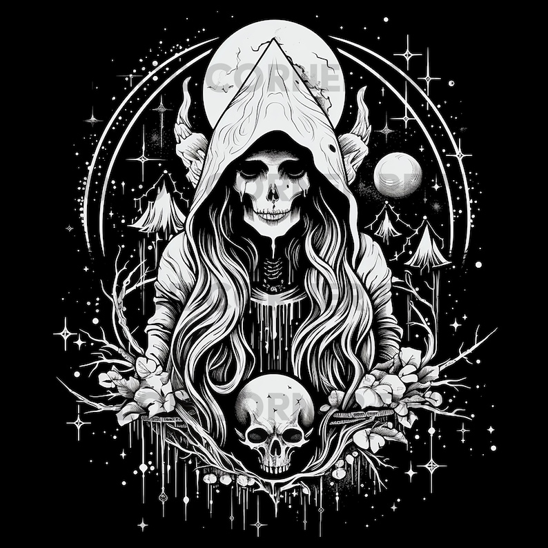 May include: Black and white illustration of a hooded figure with horns and a skull in their hands. The figure is surrounded by stars and a crescent moon.