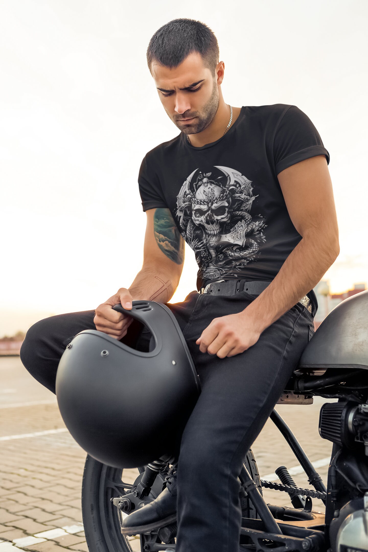 Black Oversized Metal T Shirt With Skulls And Axes main image 0