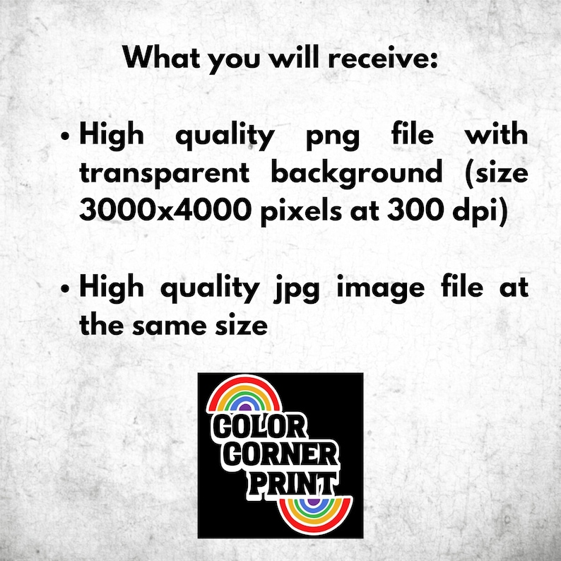 K&ouml;nnte beinhalten: Ein digitaler Download einer hochwertigen PNG- und JPG-Bilddatei eines Regenbogen-Logos mit dem Text "COLOR CORNER PRINT". Das Bild ist 3000 x 4000 Pixel bei 300 dpi.