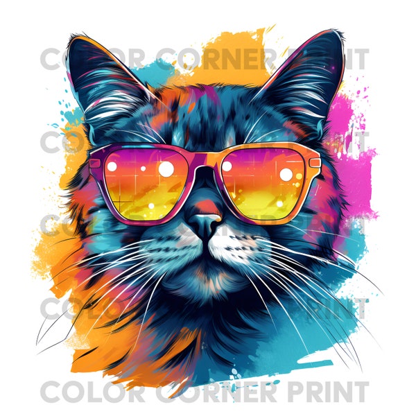 Cat With Sunglasses Colorful T-shirt Design PNG Digital Download for Sublimation - 300 dpi - 3000 pixels