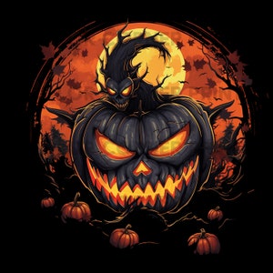 Puede incluir: Una calabaza negra con una sonrisa amenazante y ojos brillantes. La calabaza está rodeada de un bosque oscuro y una luna llena.