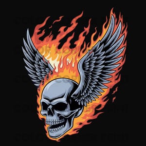 Könnte beinhalten: Detaillierte Illustration eines grauen Schädels mit großen, gefiederten Flügeln, umgeben von Flammen. Die Flammen sind eine lebendige Mischung aus Orange und Rot, vor einem schwarzen Hintergrund. Der Schädel hat sichtbare Zähne.