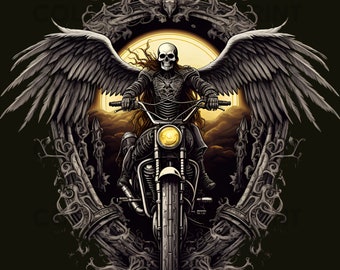 Winged Skeleton Biker T-shirt design PNG Digital Download for Sublimation - Transparent background - 300 dpi - 3000 pixels
