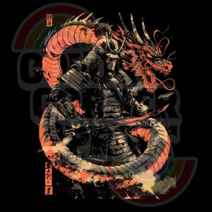 K&ouml;nnte beinhalten: Eine schwarz-orangefarbene Illustration eines Samurai-Kriegers mit einem roten Drachen, der sich um seinen K&ouml;rper windet. Der Samurai h&auml;lt ein Schwert und der Drache hat seinen Mund offen. Der Hintergrund ist schwarz.