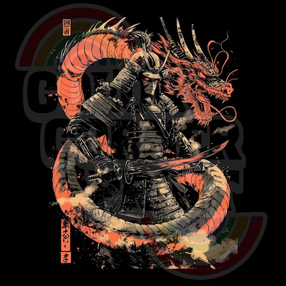 Samurai Warrior with Dragon Digital Art PNG, Japanese Fantasy Design, Samurai Dragon Illustration