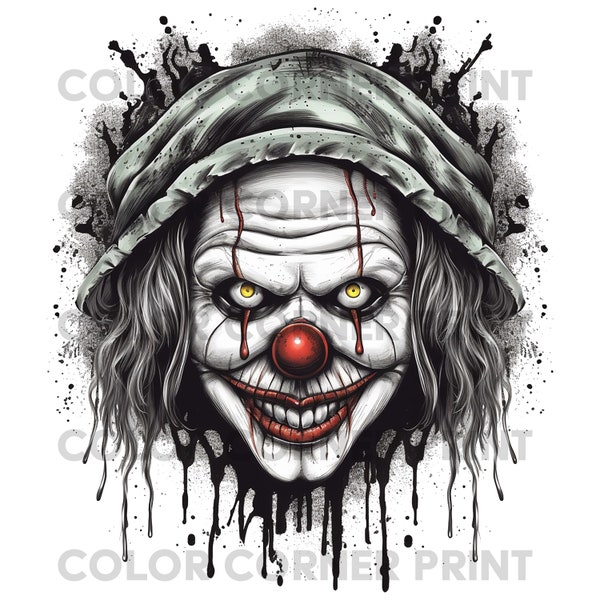 Design de t-shirt clown effrayant téléchargement numérique PNG et JPEG pour sublimation - 300 dpi - 3000 pixels, fond transparent