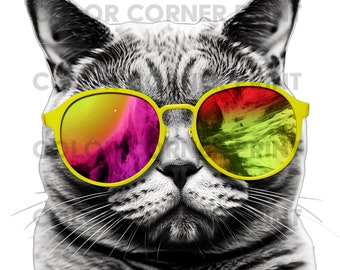 Cat With Sunglasses Colorful Design PNG and JPEG Digital Download for Sublimation - 300 dpi - 3000 pixels, Transparent Background