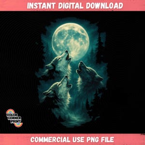 Three Wolves Howling at Moon PNG, Mystic Wolf Moon Art, Forest Night Sublimation, Spiritual Wildlife Clipart for T-Shirts & Prints