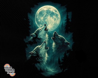 Three Wolves Howling at Moon PNG, Mystic Wolf Moon Art, Forest Night Sublimation, Spiritual Wildlife Clipart for T-Shirts & Prints