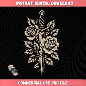 May include: A beige sword piercing two roses with leaves, a digital illustration on a black background. The image includes the text "INSTANT DIGITAL DOWNLOAD" and "COMMERCIAL USE PNG FILE". The Color Corner Print logo is in the lower left corner.