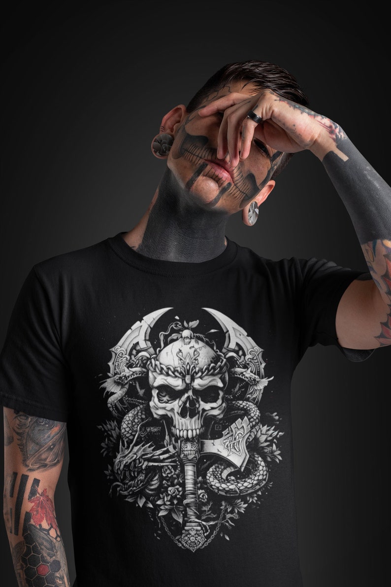 Black Oversized Metal T Shirt With Skulls And Axes