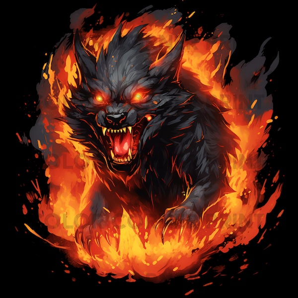 Fire Werewolf T-shirt Design PNG and JPEG Digital Download for Sublimation - 300 dpi - 3000 pixels, Transparent Background