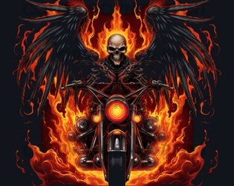 Winged Flaming Skull Biker T-shirt design PNG Digital Download for Sublimation - Transparent background - 300 dpi - 3000 pixels