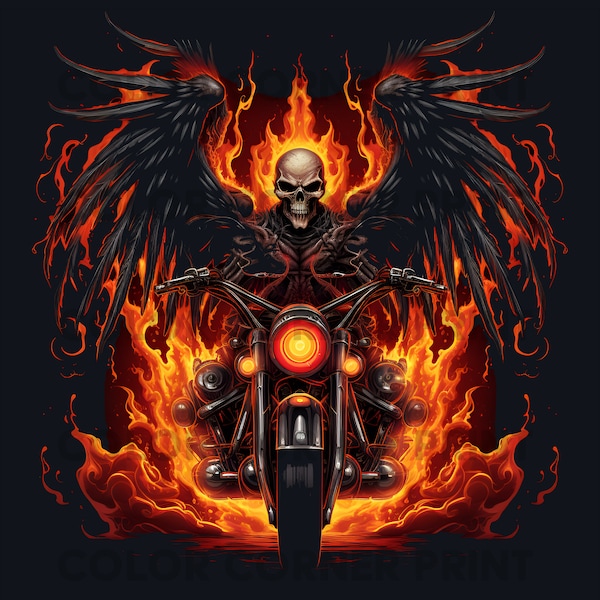 Winged Flaming Skull Biker T-shirt design PNG Digital Download for Sublimation - Transparent background - 300 dpi - 3000 pixels