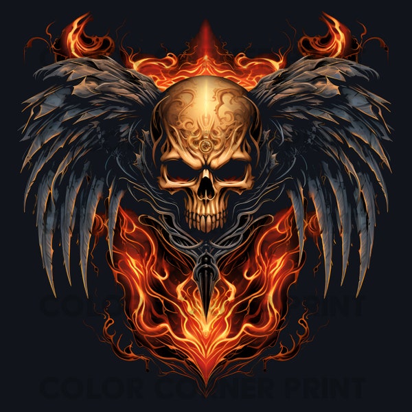 Winged Flaming Skull Biker T-shirt design PNG Digital Download for Sublimation - Transparent background - 300 dpi - 3000 pixels