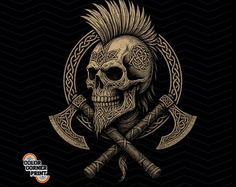 Viking Skull PNG with Axes Digital T-Shirt Design Nordic Warrior Skull Sublimation Printable Tattoo Style PNG