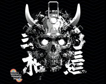 Samurai Schädel PNG, Cyberpunk Oni Maskendesign, digitale T-Shirt Grafik, japanische Mecha Schädelkunst für Sublimation, Sofort Download