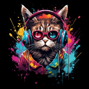 May include: A colorful illustration of a cat wearing headphones and sunglasses. The cat is surrounded by splashes of paint in shades of blue, pink, yellow, and orange.
