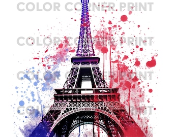 May include: A watercolor illustration of the Eiffel Tower in Paris, France. The tower is painted in shades of blue and red, with splatters of paint around it. The background is white.
