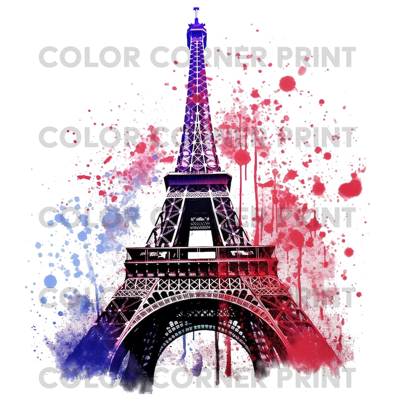 Op de afbeelding: Een aquarel-illustratie van de Eiffeltoren in Parijs, Frankrijk. De toren is geschilderd in tinten blauw en rood, met spatten verf eromheen. De achtergrond is wit.