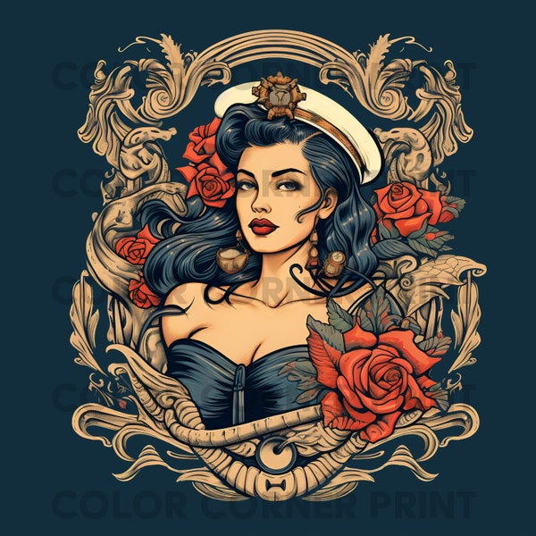 Vintage pinup sailor tatoo T-shirt design PNG Digital Download for Sublimation - Transparent background - 300 dpi - 3000 pixels