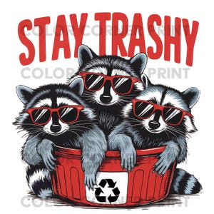 Stay Trashy Raccoon PNG、おもしろいゴミパンダのTシャツデザイン、リサイクルユーモアクリップアート、昇華アートのデジタルダウンロード