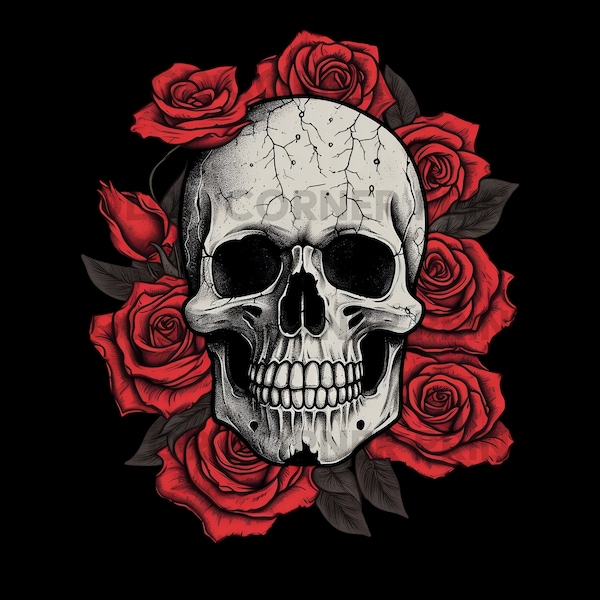 Skull and Roses PNG and JPEG Digital Download for Sublimation - 300 dpi - 3000 pixels