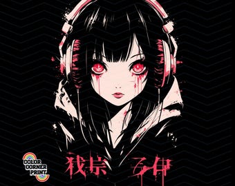 Dark Anime Girl PNG, gruselige Kopfhörer-T-Shirt-Design, rote Augen Manga Art, Gothic digitale Datei für Sublimation und Druck