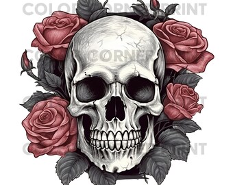 Skull and Roses PNG and JPEG Digital Download for Sublimation - 300 dpi - 3000 pixels, Transparent Background