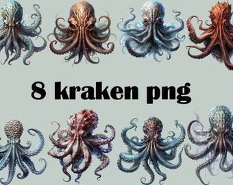 8 Kraken Octupus Transparent PNG Clipart Bundle for Sublimation - Commercial Use  - 300 dpi, Transparent Background