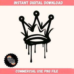 May include: Black graffiti-style crown design with dripping paint effect. The image includes the text "INSTANT DIGITAL DOWNLOAD" at the top and "COMMERCIAL USE PNG FILE" at the bottom. A circular logo with a rainbow and the text "COLOR CORNER PRINT" is in the lower left corner.