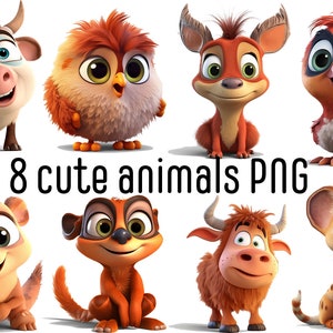 8 Cute Animals Transparent PNG Clipart Bundle for Sublimation Commercial Use 300 dpi, Transparent Background image 1
