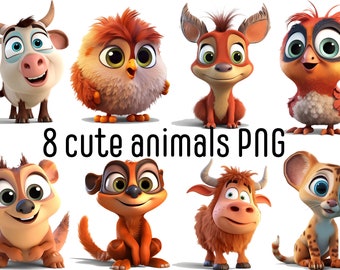 8 Cute Animals Transparent PNG Clipart Bundle for Sublimation - Commercial Use  - 300 dpi