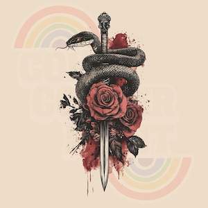 May include: Illustration of a black snake coiled around a sword, with red roses and blood splatter. The image has a vintage tattoo style, with a rainbow in the background. The text "GO GET IT" is partially visible.