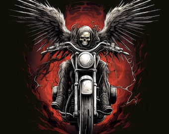 Winged Skeleton Biker T-shirt design PNG Digital Download for Sublimation - Transparent background - 300 dpi - 3000 pixels