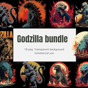 Godzilla PNG Bundle, 10 Digital Designs for T-Shirts, Transparent Background, Commercial Use, Monster Movie Art for Sublimation
